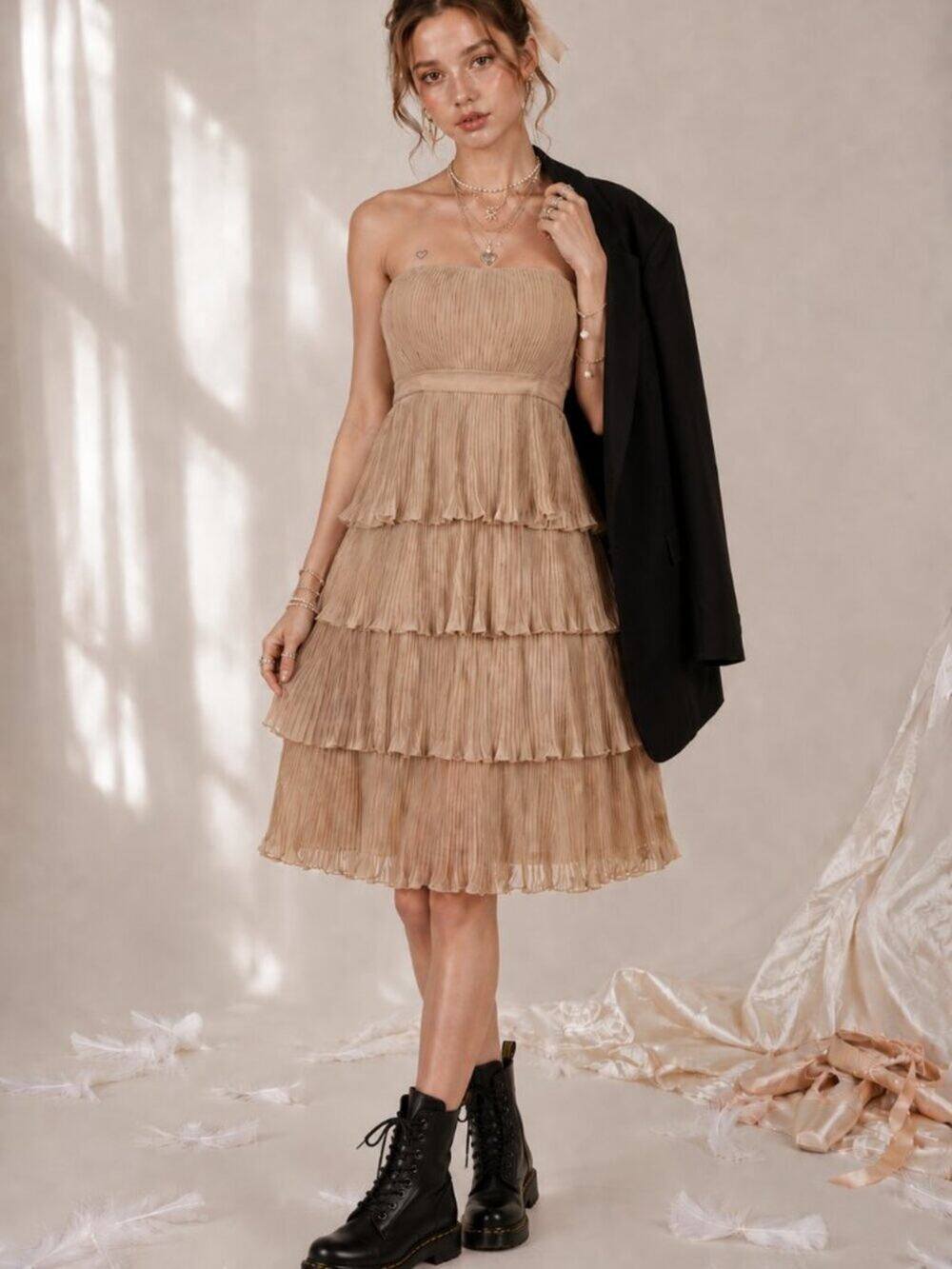 Anna Sui x BHLDN Y2K Tiered Strapless Mini Dress Beige Tan Vintage Cocktail